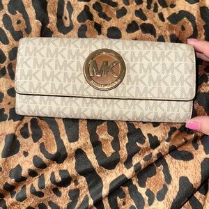 Michael Kors Beige Signature MK Continental Wallet with Gold Emblem